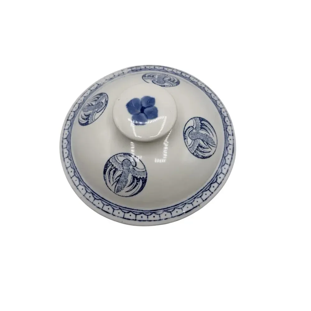 Vintage Cobalt Blue White Ceramic Lidded Serving Bowl Bird Motif